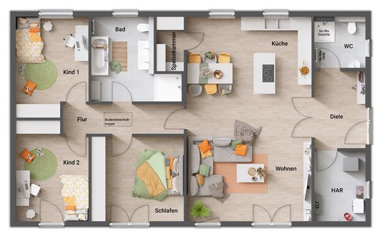 Grundriss des Aktionshauses ERA 131 mit durchdachter Raumaufteilung und funktionalen Highlights