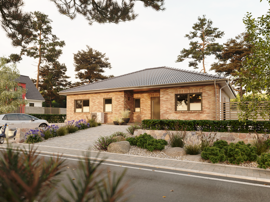 Bungalow 128 Straßenansicht mit Klinkerfassade in Cienna Einladende Straßenansicht des Bungalow 128 mit Cienna-Klinker, gepflasterte Einfahrt und bepflanzter Vorgarten